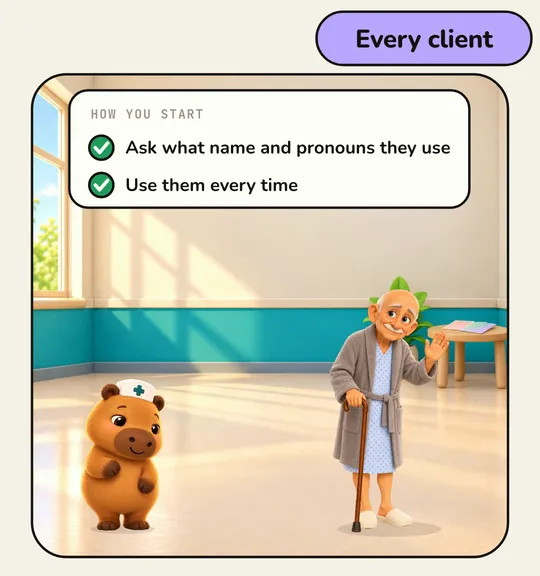 Every client: ask the name and pronouns, then use them