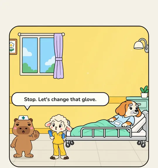 Step in at once when the glove is no longer sterile